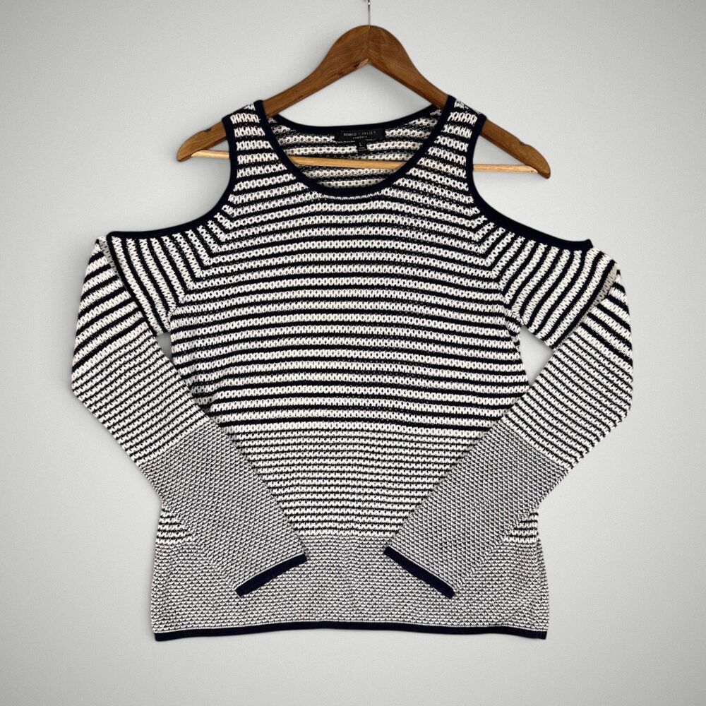 Romeo & Juliet Couture Cold Shoulder Sweater Navy White Striped Knit Top Sz Lrg